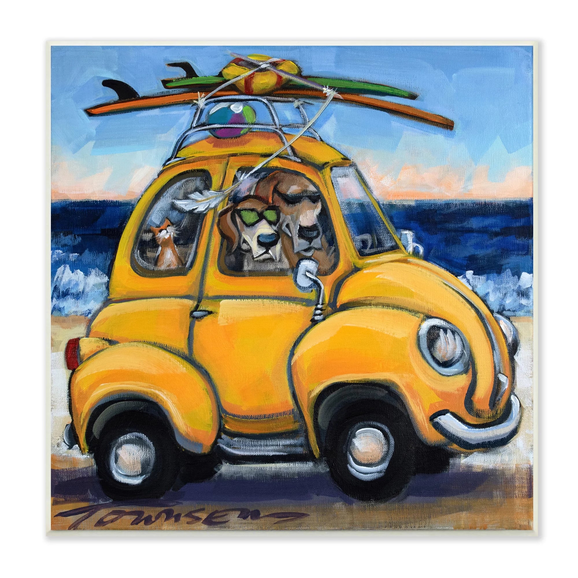 Stupell Industries Pet Beach Buggy Groovy Dog Cat Surf Scene, 12 x 12, Design by CR Townsend