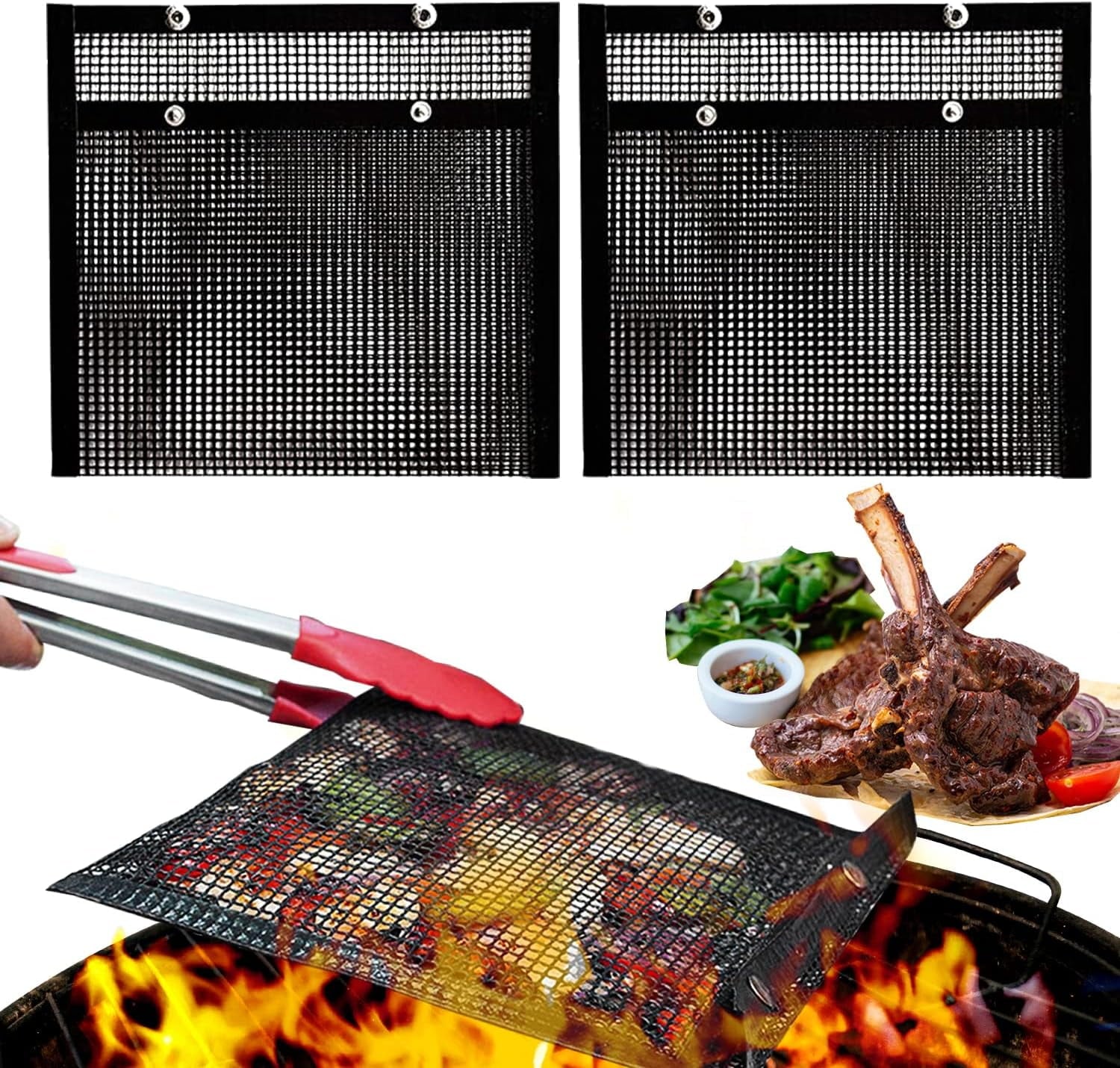 2 Pack Reusable Grilling Bags,for Outdoor Grilling,Non-Stick BBQ Mesh Grilling Bags with Snap Button for Outdoor Grilling,Ideal for Cooking Vegetables,Seafood,Meat,etc,Easy to Clean(12 x 9.6 inches)
