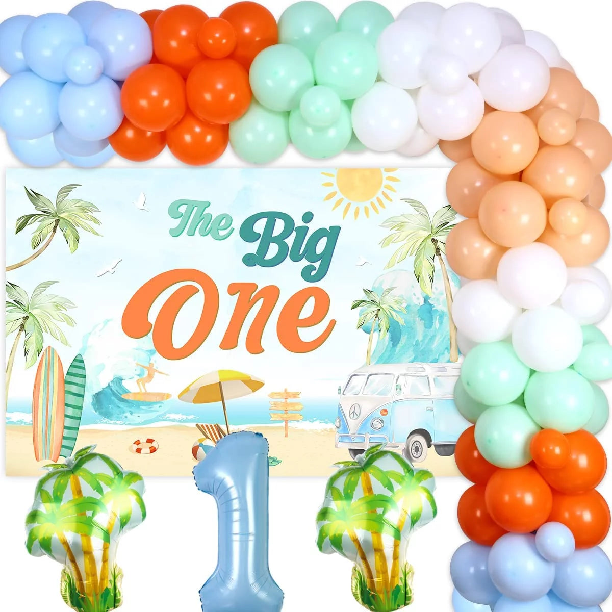 Surf Theme Birthday Party Decorations for Boys, the Big One Surfer 1st Birthday Decorations - Boho Pastel Balloon Garland the Big One Backdrop Number 1 Balloon for Retro Surf Summer Surfing Birthday