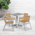 BizChair 23.5'' Square Aluminum Indoor-Outdoor Table Set with 4 Beige Rattan Chairs