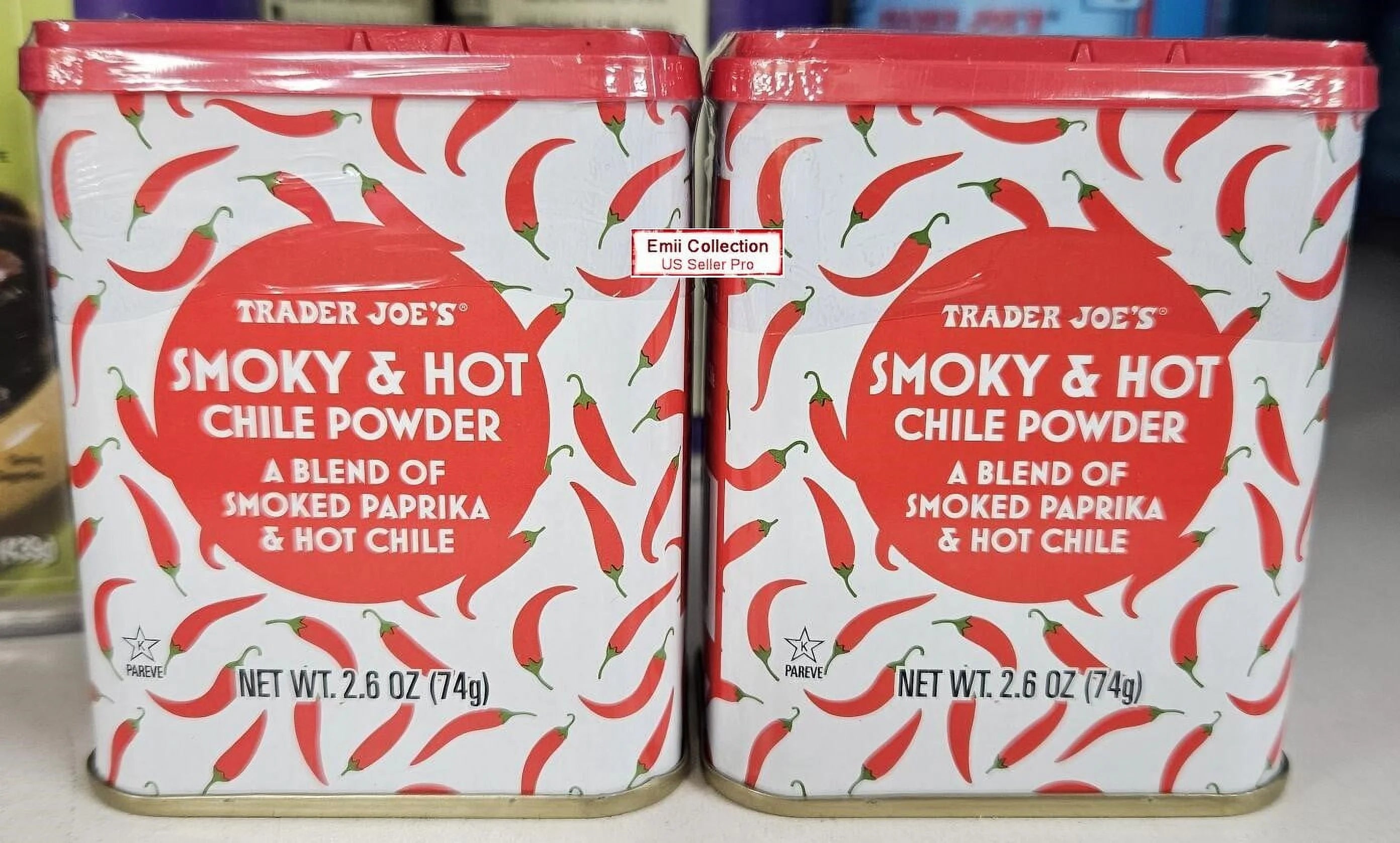 Trader Joe's Smoky & Hot Chile Powder A Blend of Smoked Paprika & Hot Chile 2.6oz 74g (2 Tin Boxes)