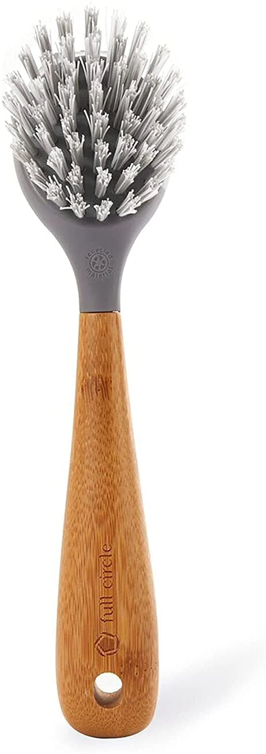 Full Circle Tenacious C Cast Iron Brush and Scraper with Bamboo Handle Skillet Scrubber with Tough Nylon Bristles, Grey, One Size, Gray