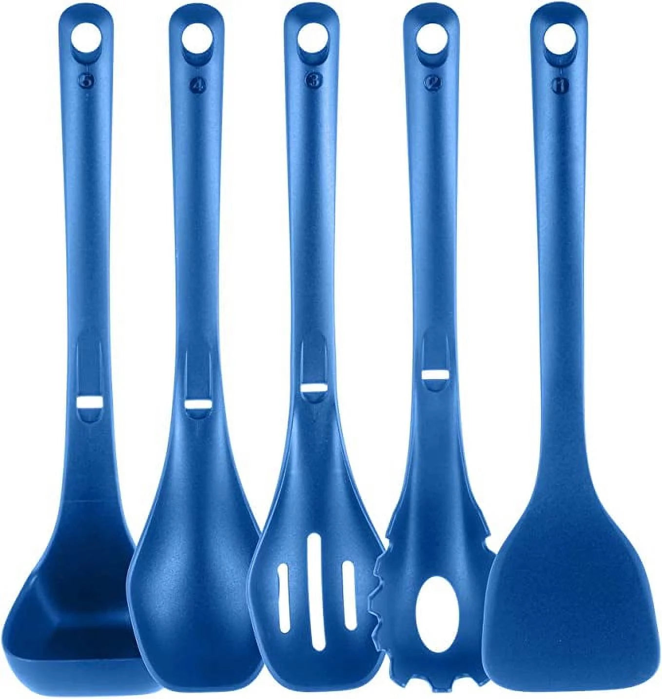 NutriChef Cooking Utensils Set - Spatula, Pasta Fork, Solid Spoon, Slotted Spoon & Tool Seat (Blue)