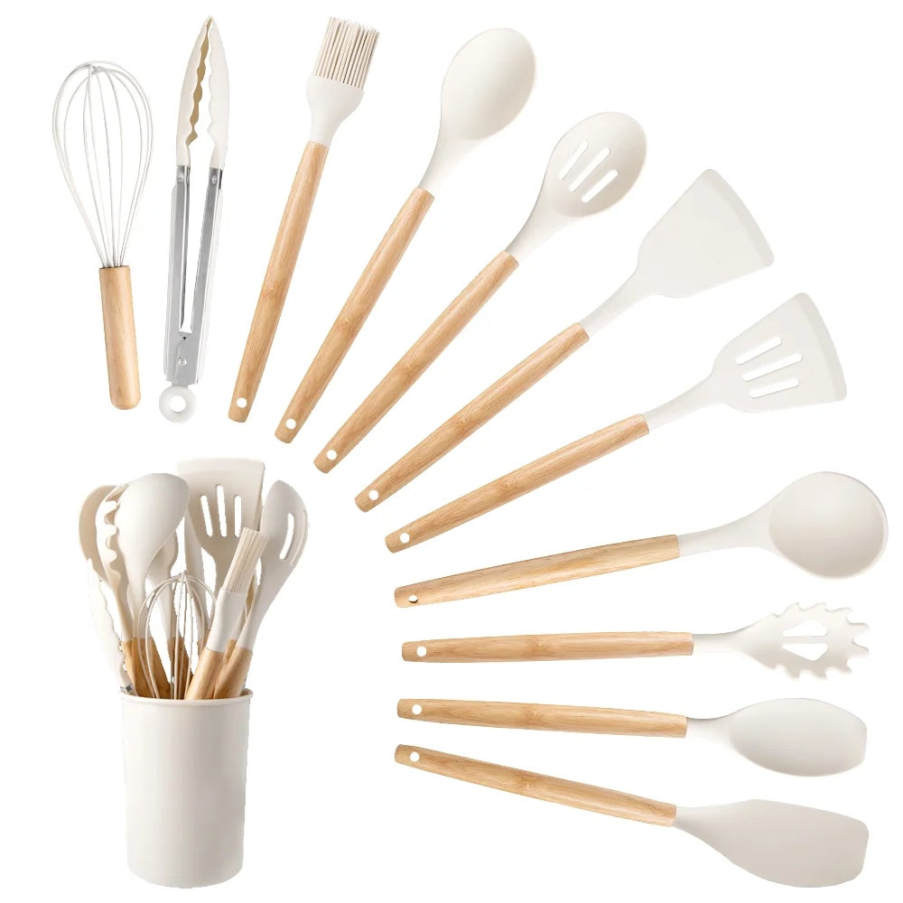 12 Piece Silicone Kitchen Utensil Set Heat Resistant Silicone Kitchen Utensils for Cooking,Kitchen Utensil Spatula Set w Wooden Handles,Holder, BPA FREE Gadgets for Non-Stick Cookware