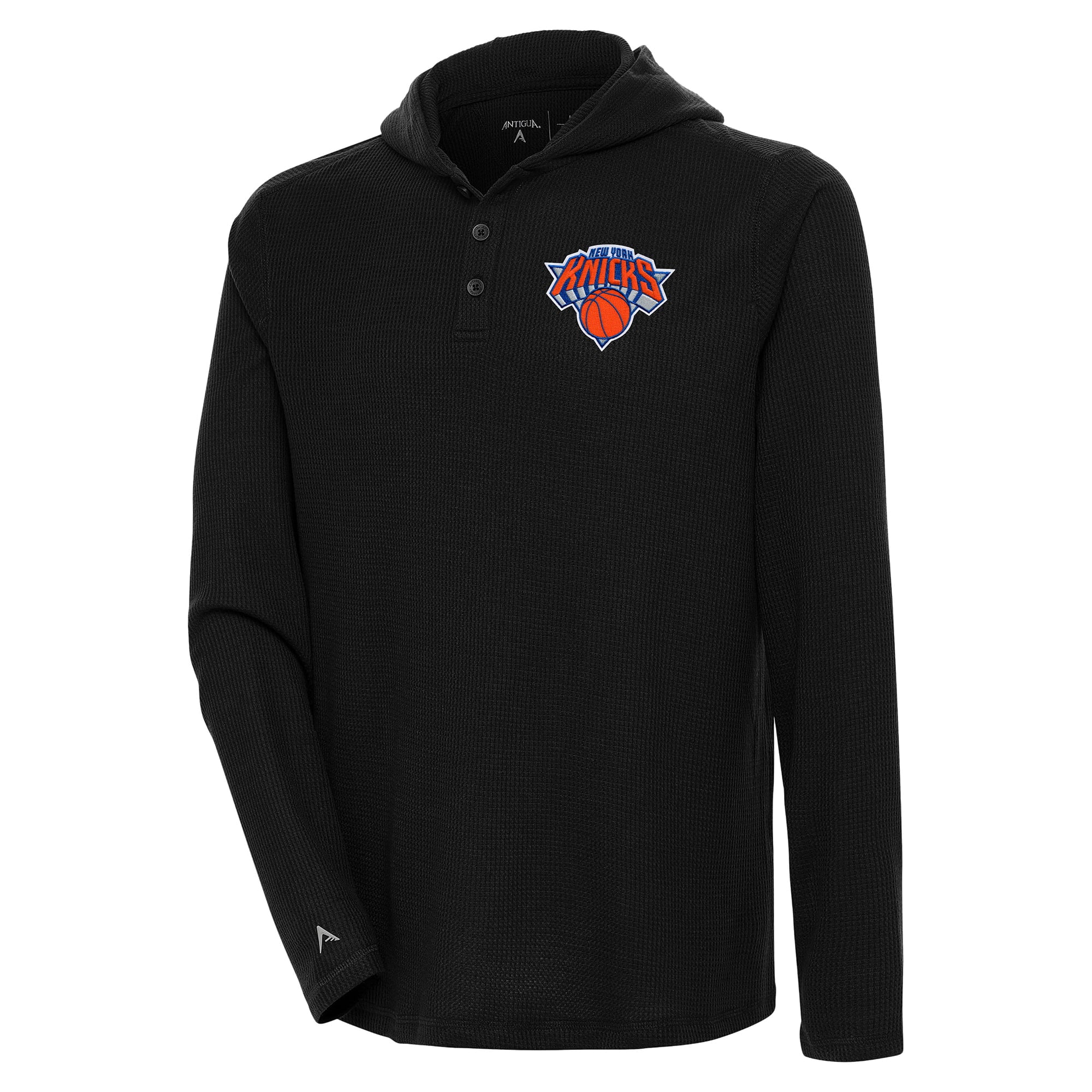 Men's Antigua  Black New York Knicks Strong Hold Long Sleeve Henley Hoodie T-Shirt