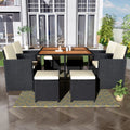 9 Piece Sectional Patio Dining Set, Outdoor Rattan Furniture Sets with Solid Wood Table and 4 Stools, Resistant All-Weather PE Wicker Dining Set with Removable Cushions for Pool Backyard, S6012