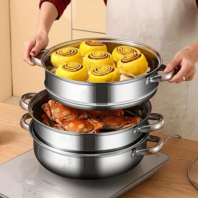 1 set, Stainless Steel Double Ear Steamer Pot - Cooking and Steaming Cookware with Handles