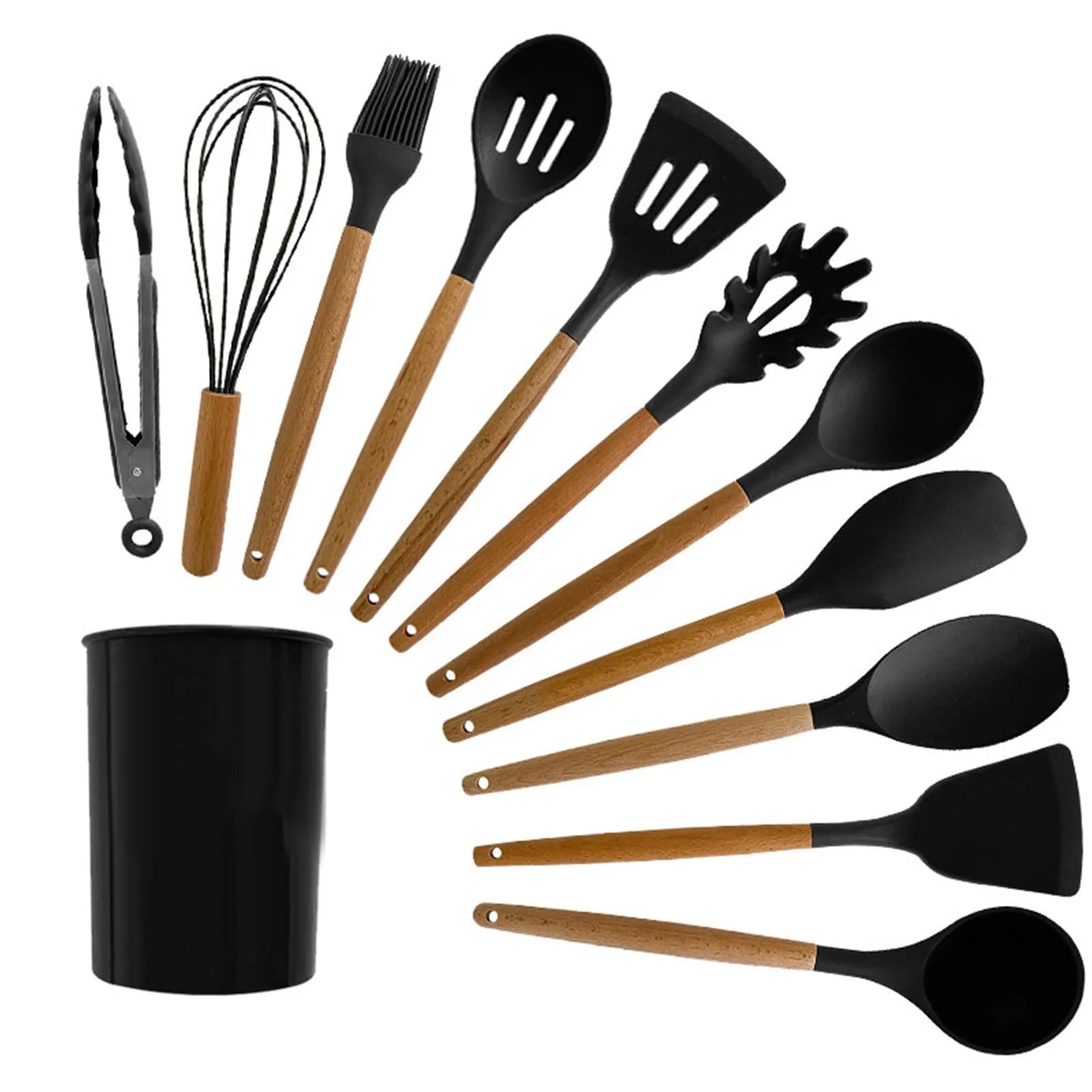 Large Silicone Cooking Utensils Set - Heat Resistant Silicone Utensils for Cooking w Long Wooden Handles, Kitchen Utensil Spatula Set, Kitchen Gadgets for Non-Stick Cookware, BPA Free
