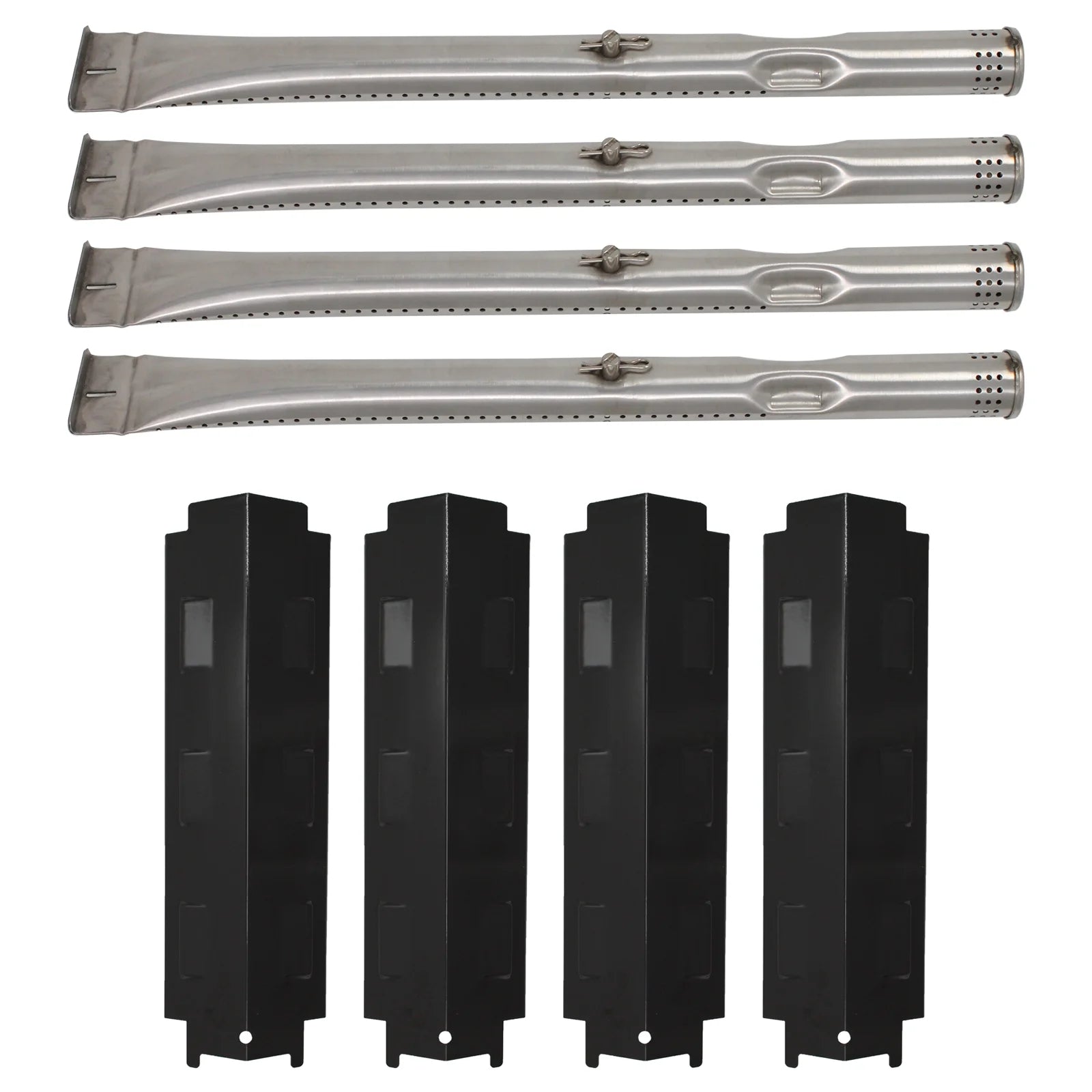 4-Pack BBQ Gas Grill Tube Burner & Heat Shield Plate Tent Replacement Parts for Thermos 466360113 - Compatible Barbeque Stainless Steel Pipe Burners & Flame Tamer, Guard, Deflector, Flavorizer Bar