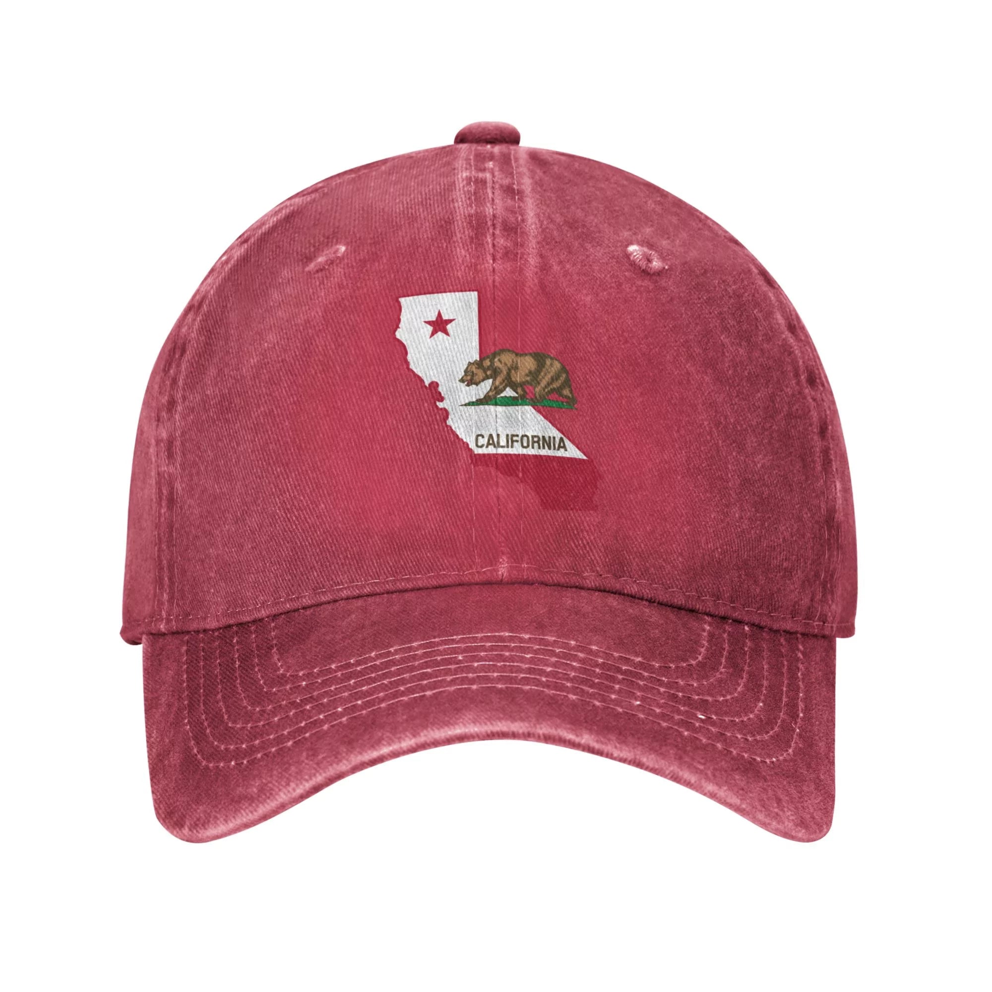 ZICANCN Adjustable Baseball Cap Women, California Bear Flag Map Hats for Men Adult Washed Cotton Denim Baseball Caps Fashion, Red
