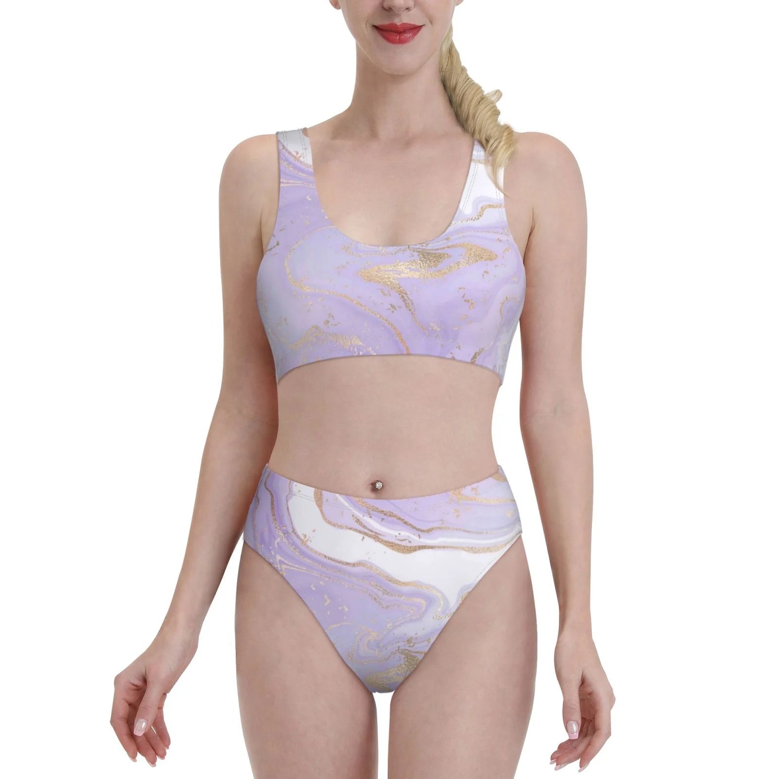 Haiem Lavender Glitter Foil Stripes Women'S Bikini Set: Two-Piece High-Waisted Bathing Suit With Square Neck And Adjustable Straps - High Cut Bottoms In Small