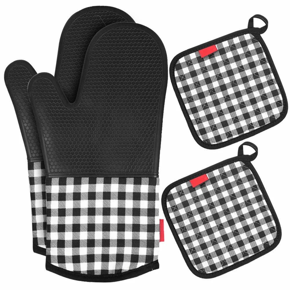 Masslatie Heat Resistant Silicone Oven Gloves 572¡ãF heat resistance+ 2 Cotton Pot Holders for Kitchen Cooking Baking Grilling Barbecue