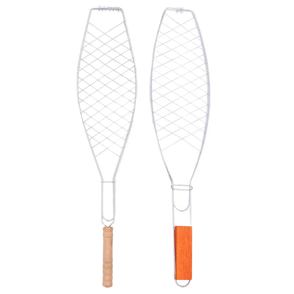 Gongxipen 2Pcs Iron Grill Basket Outdoor Single Fish Net Rack Fish Barbecue Clip with Wooden Handle (thick + Thin, 1Pc/Each)