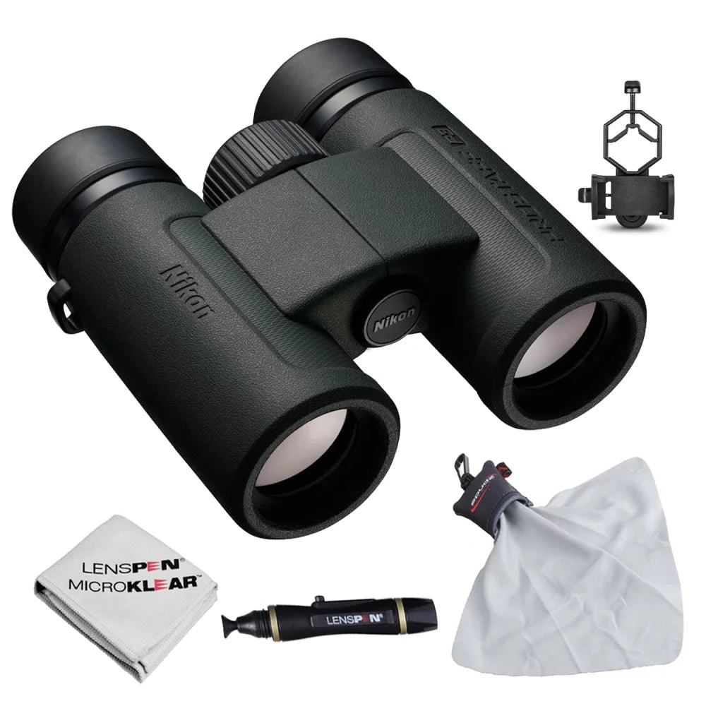 Nikon PROSTAFF P3 8x30 Binoculars Bundle with Cleaning Lens Pen + Clean Cloth Carrying Pouch + Spudz Cleaning Cloth + Smartphone to Binocular Adapter (5 Items)