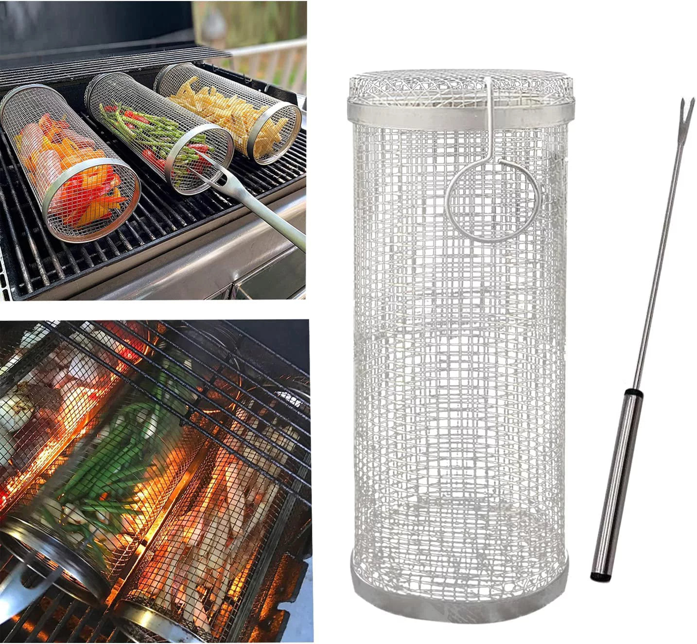 Rolling BBQ Basket BBQ Accessories,Round Stainless Steel BBQ Grill Mesh,BBQ Vegetable Slices Basket,Grill Basket Camping Grill,Suitable for Vegetable,Fries,Fish (2Pcs Large)