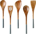 Folkulture Wooden Spoons for Cooking, Set of 5 Nonstick Cookware Sets Includes Wooden Spoon, Serving Fork, Spatula, Slotted Turner, Corner Spoon, 12 Inches Long Kitchen Utensil Sets, Mango Wood, Grey