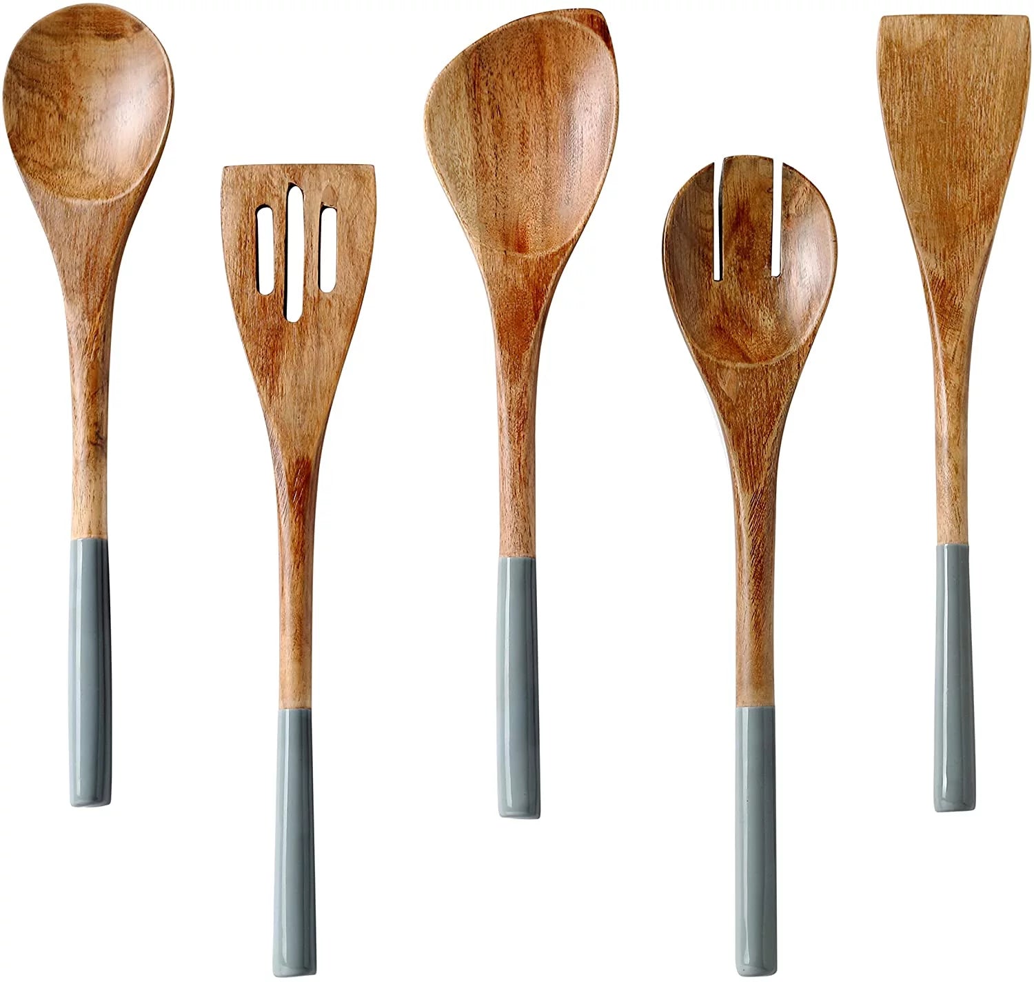 Folkulture Wooden Spoons for Cooking, Set of 5 Nonstick Cookware Sets Includes Wooden Spoon, Serving Fork, Spatula, Slotted Turner, Corner Spoon, 12 Inches Long Kitchen Utensil Sets, Mango Wood, Grey