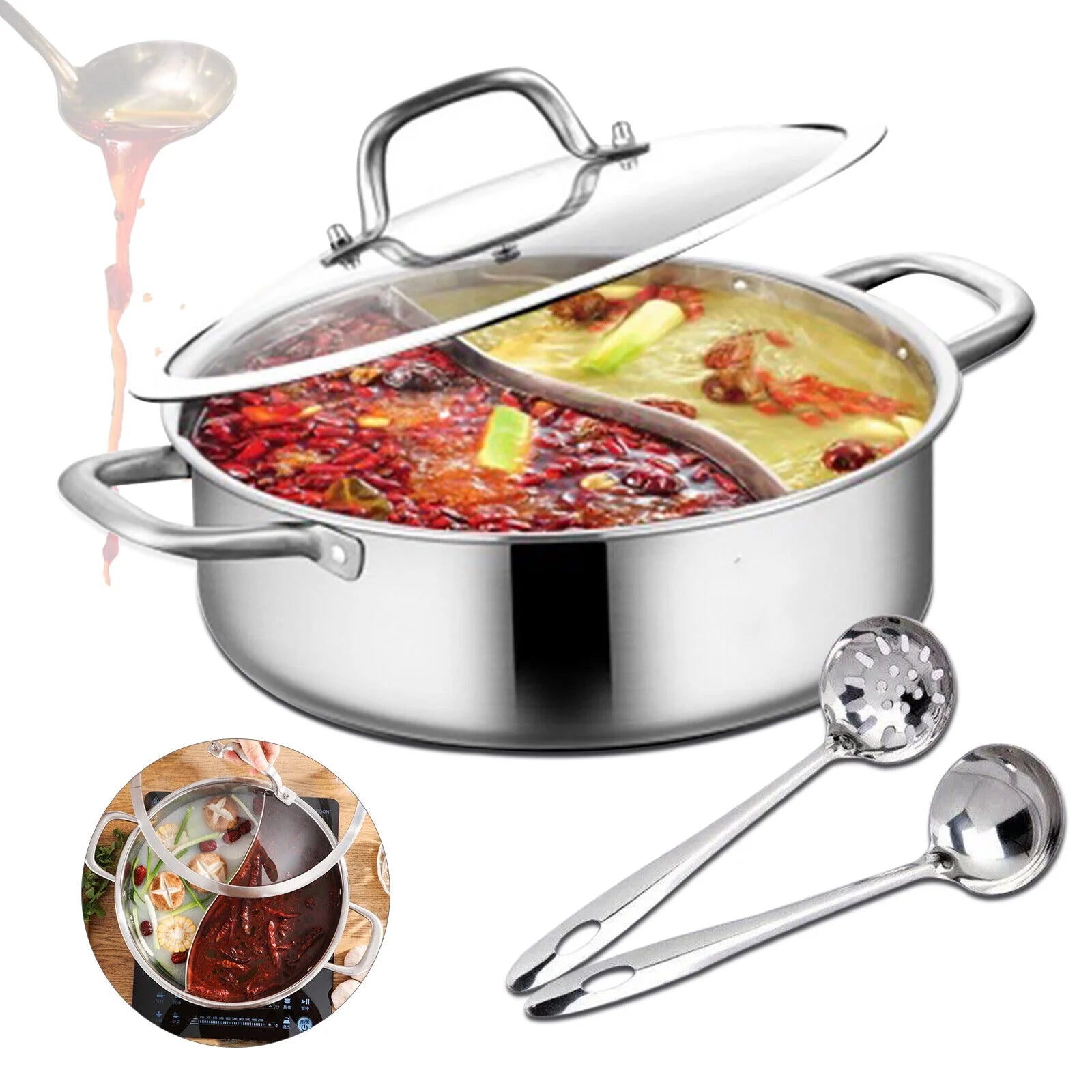 Stainless Steel Shabu Dual Sided divider Cooking Soup Hot Pot Cookware with Lid