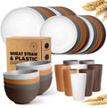 32-Piece Kitchen Plastic Wheat Straw Dinnerware Set, Service for 8, Dinner Plates, Dessert Plate, Cereal Bowls, Cups, Unbreakable Colorful Plastic Outdoor Camping Dishes, Farmhouse