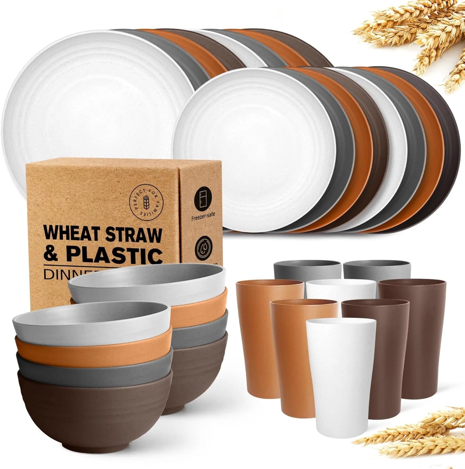 32-Piece Kitchen Plastic Wheat Straw Dinnerware Set, Service for 8, Dinner Plates, Dessert Plate, Cereal Bowls, Cups, Unbreakable Colorful Plastic Outdoor Camping Dishes, Farmhouse