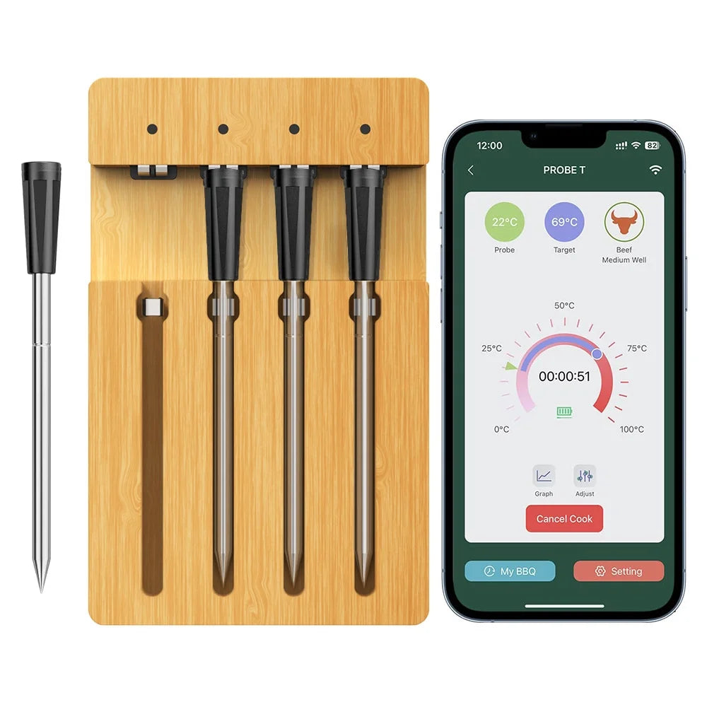 Andoer Barbecue thermometer,4 Probes Meat Smart App 4 Bt Smart App And Waterproof Type-c 98ft Wireless Meat Thermometer 98ft Wireless App 4 Probes Meat Thermometer And Type-c Thermometer Mizuh Rusuo