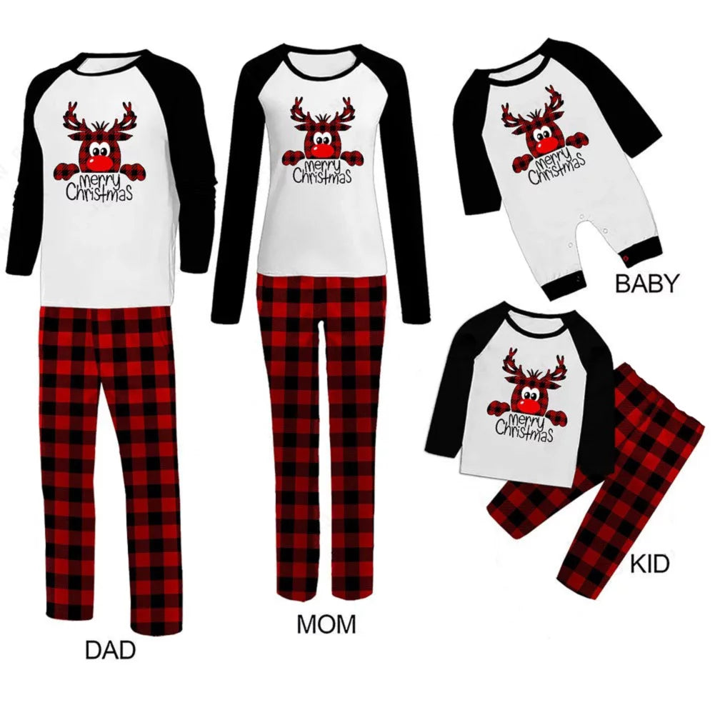 2021 Family Matching Pajamas for Christmas Deer Printed Tops Plaid Pants Sleepwear Nightwear Set Homewear SetsDad Mom Kid Baby New