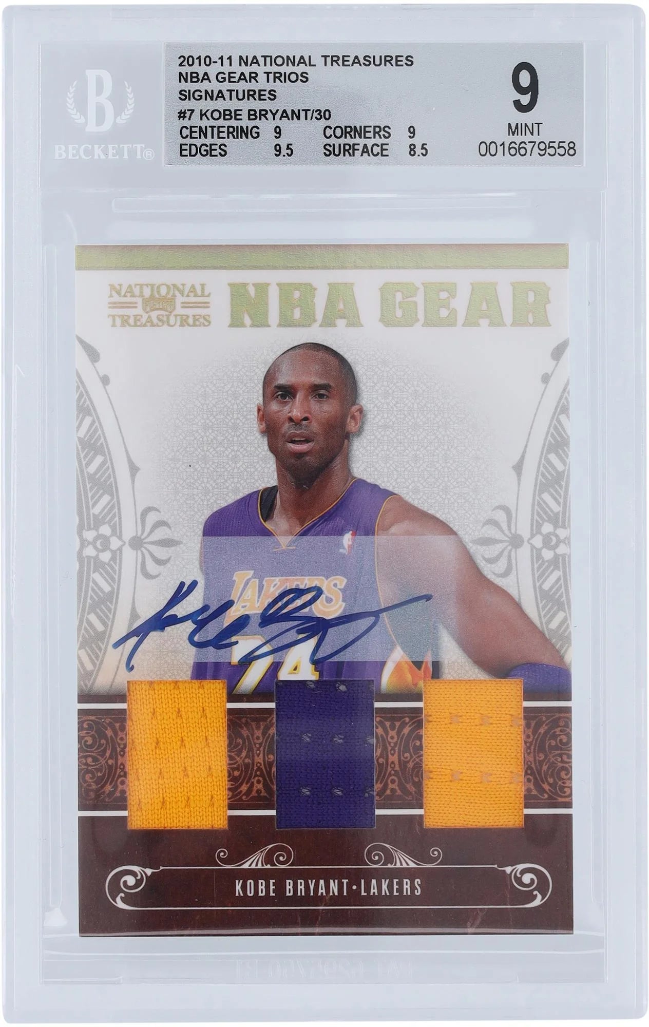 Kobe Bryant Los Angeles Lakers Autographed 2010-11 Panini National Treasures Triple Relic #7 #26/30 BGS Authenticated 9/10 Card - 9,9,9.5,8.5 Subgrades - Fanatics Authentic Certified