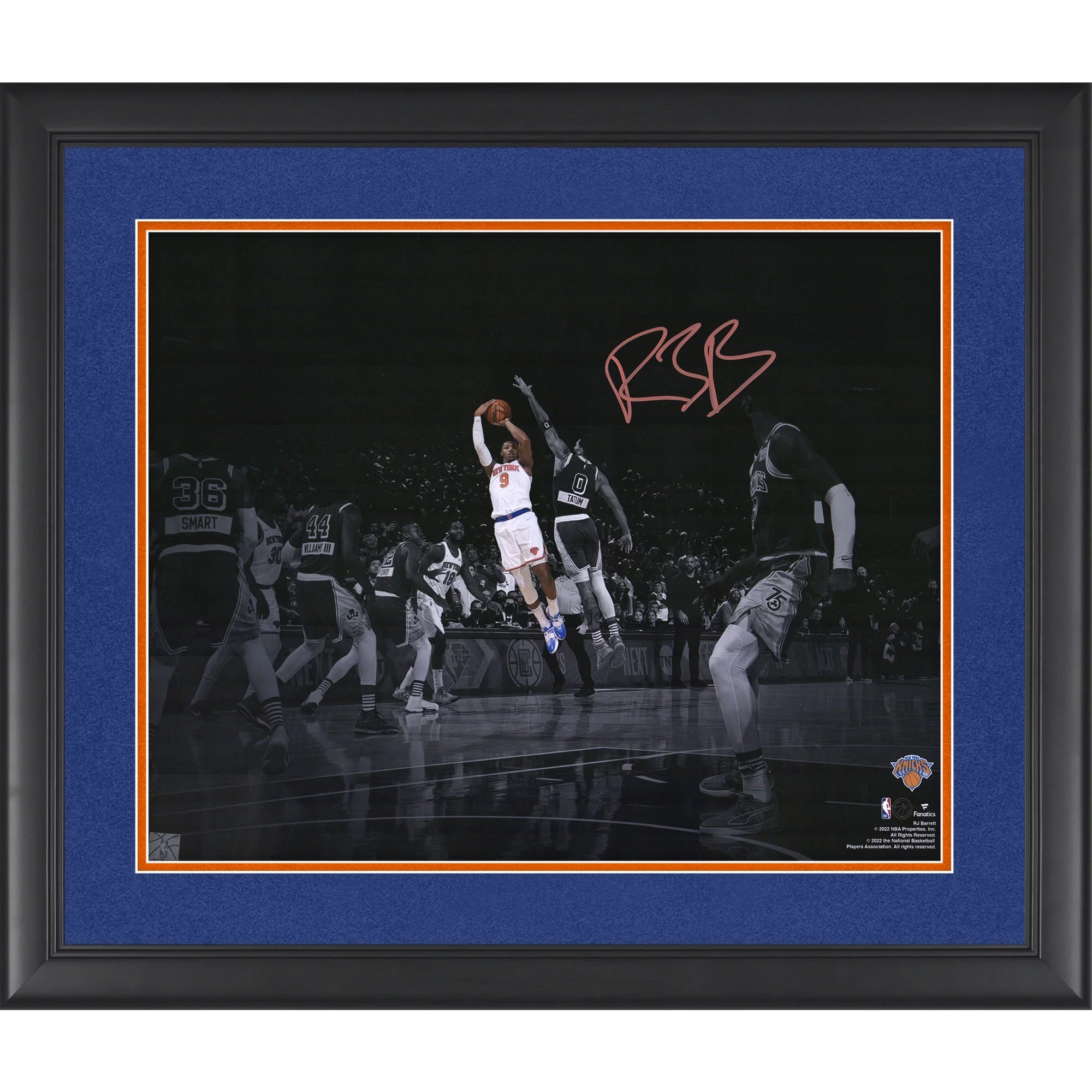RJ Barrett New York Knicks Framed Autographed 16 x 20 Game Winning Shot vs. Boston Celtics Spotlight Photograph with Dagger 1/6/22 Inscription - Fanatics Authentic Certified