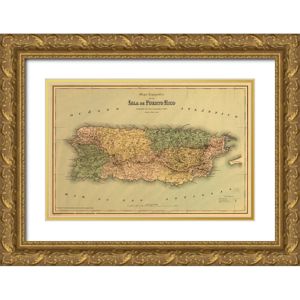 Vintage Maps 32x23 Gold Ornate Wood Framed with Double Matting Museum Art Print Titled - Puerto Rico 1886