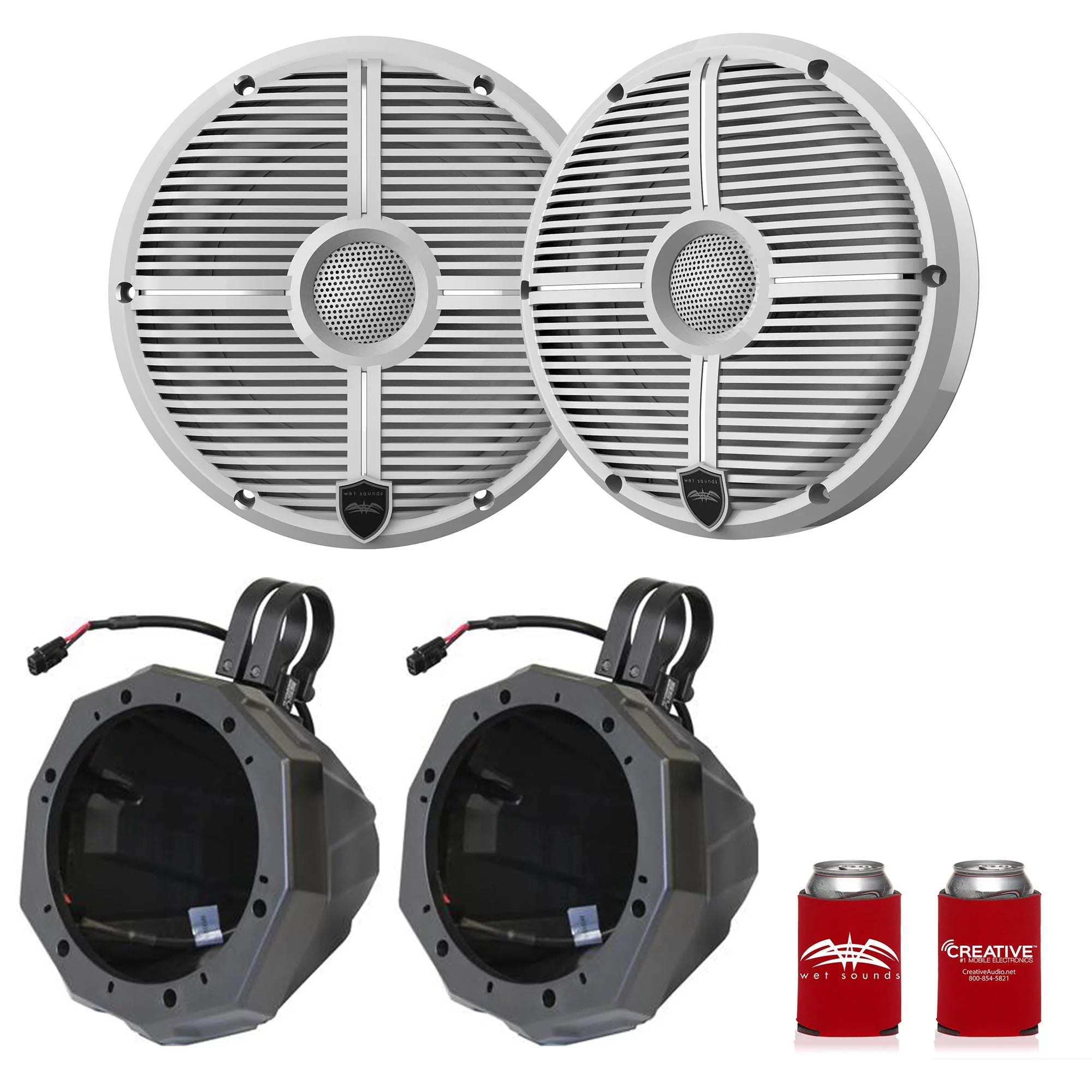 Wet Sounds RECON 6-XWW 6.5 White Grill Marine Speakers with US2-C65U-175 Black Speaker Pod with 1.75 Roll Bar Clamps
