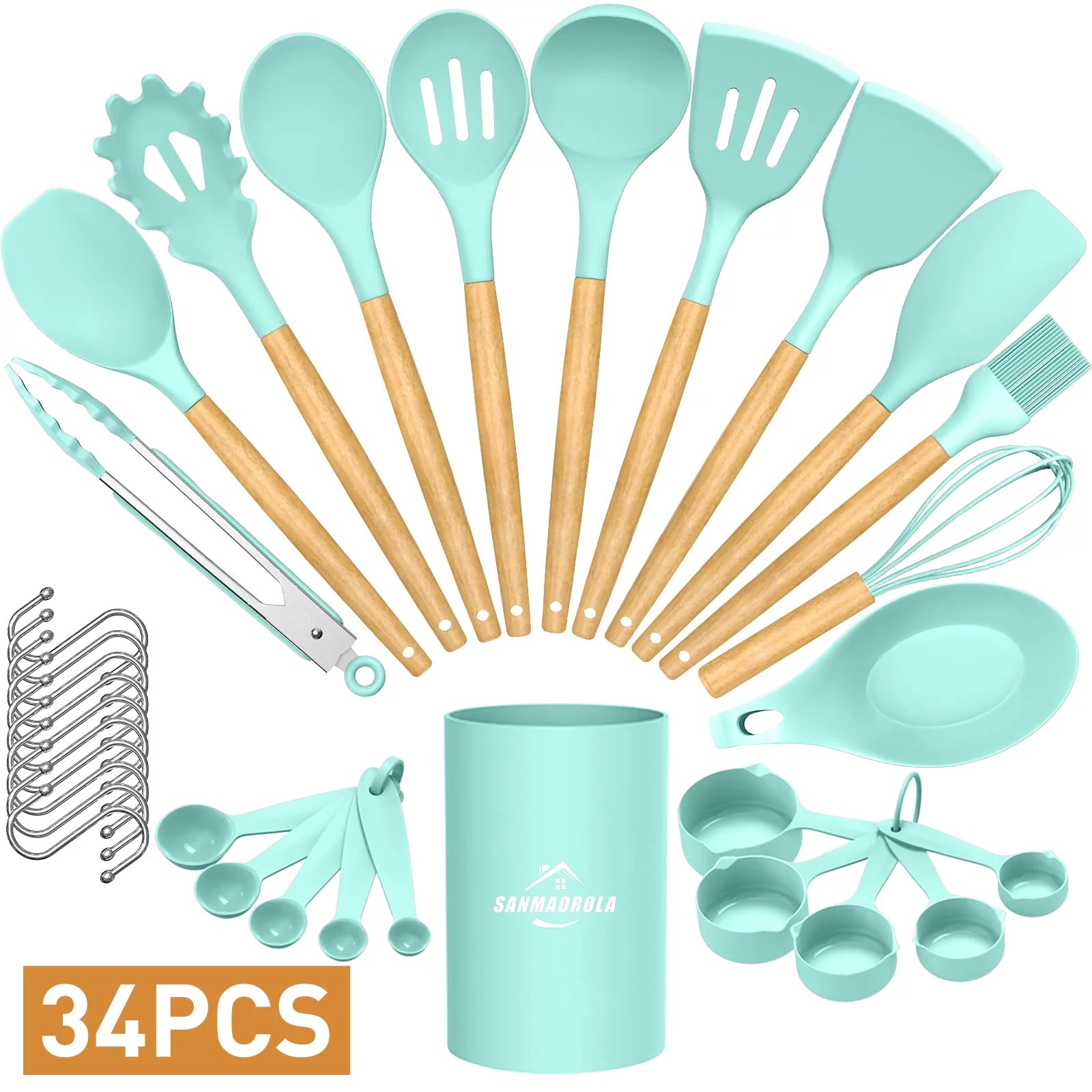 SANMADROLA Silicone Cooking Utensils Set, 446¡ãF Heat Resistant Kitchen Utensils, Turner Tongs, Spatula,Spoon, Brush, Whisk, Cooking Utensils for Nonstick Cookware, 34PCS Kitchen Gadgets (Light Green)