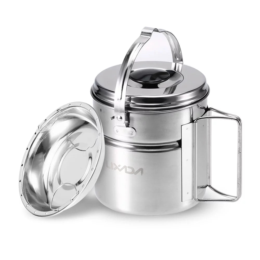 Lixada Lixada Stainless Steel Bail Handle Camping Pot with Internal Steaming Dish Foldable Handle