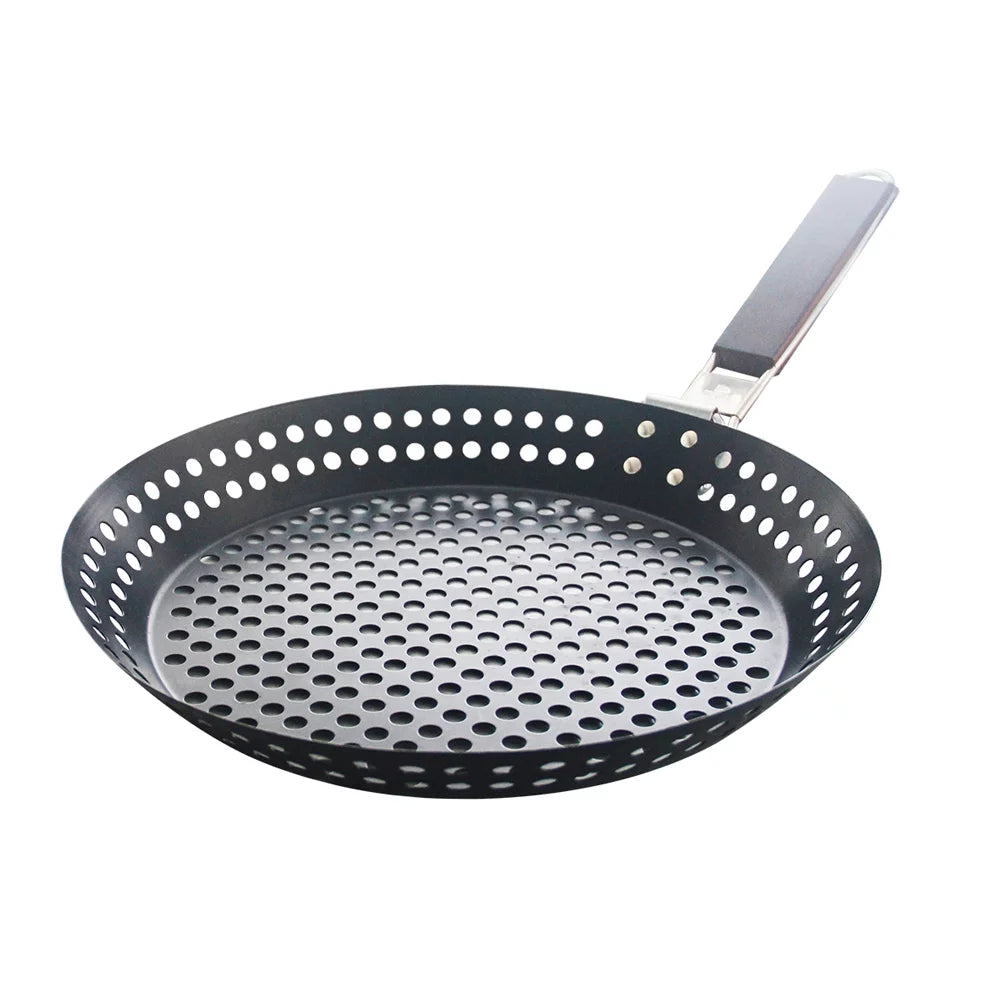 Non-stick Metal Grilling Skillet with Folding Wooden Handle Grill Skillet Pan with Holes Removable Handle for  Grill Topper Barbecue Pan for Vegetables Seafood Meat