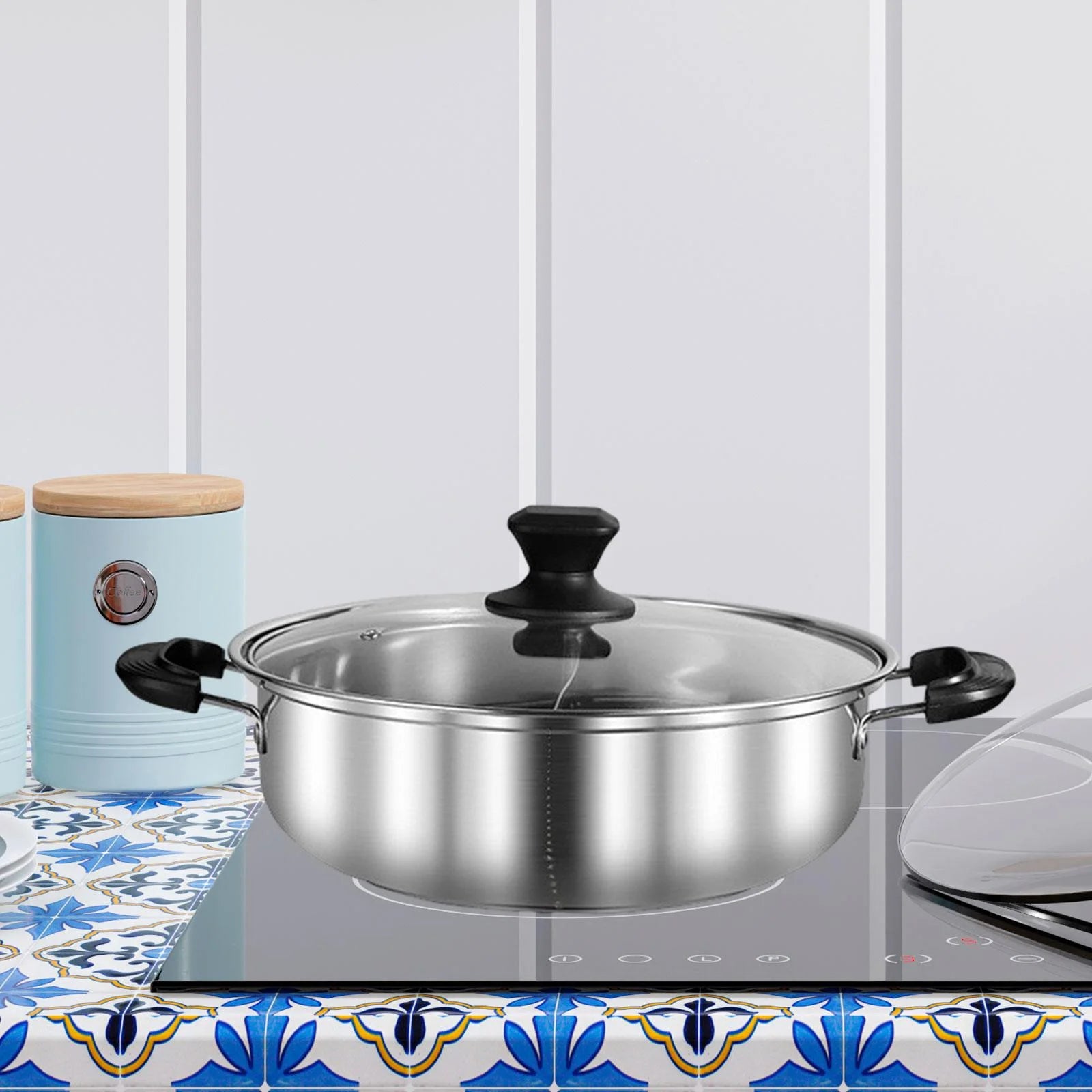 CUTICATE Hot Pot with Divider Cooking Pot with Handles Stainless Steel Two Flavor Soup Pot Hot Pot Cooker for Families Reunion Camping 30cm