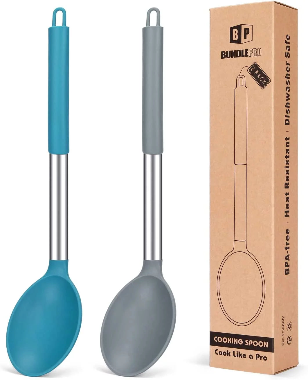Bundlepro 2 Pack Silicone Cooking Basting Spoon Set,Kitchen Utensil for Mixing Serving, Grey + Blue
