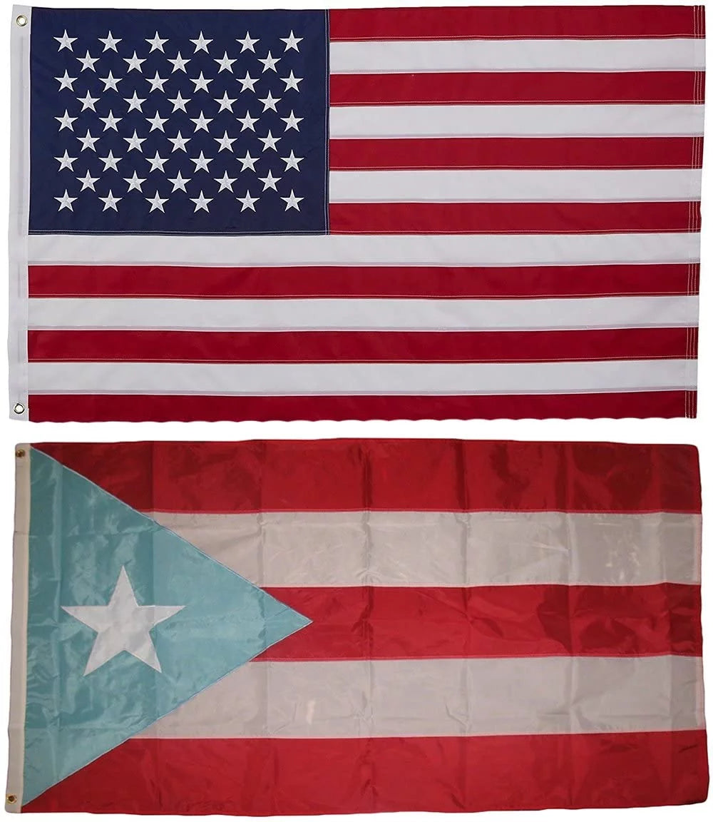 AES 3x5 USA American & Puerto Rico Flag & 2 Aluminum Pole Kit Sets 3'x5'