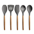 Miusco Nonstick Silicone Kitchen Cooking Utensils Set with Wood Handle, BPA Free, Gray 5 pcs