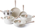 ZHIYU 11pcs Pots and Pans Set Non Stick Cast Aluminum, Kitchen Cookware Sets, Kitchen Induction Pots and Pans Cooking Sets, Round Handle (Cream)