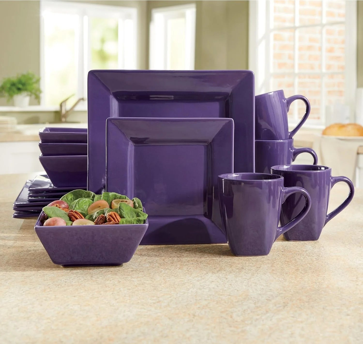 Sleek Purple Square Dinnerware Set For 4 - Modern Stoneware Plates And Bowls Set (Purple)