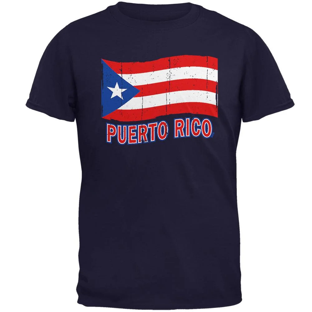 Distress Flag Puerto Rico Mens T Shirt Navy MD