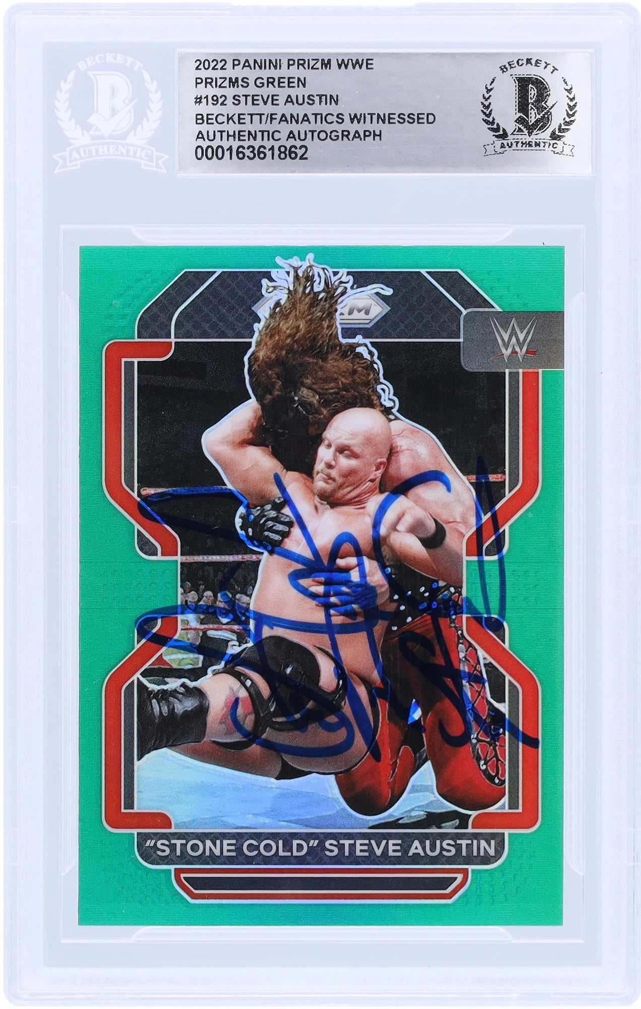 Stone Cold Steve Austin WWE Autographed 2022 Panini Prizm Green Prizms #192 Beckett Fanatics Witnessed Authenticated Card - Fanatics Authentic Certified