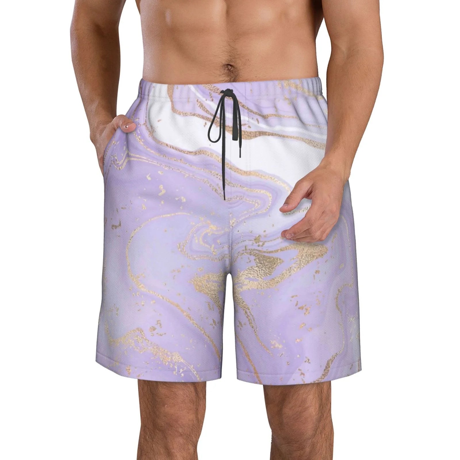 Lukts Lavender Glitter Foil Stripes Mens Swim Trunks Quick Dry Swim Shorts With Funny Beach Shorts