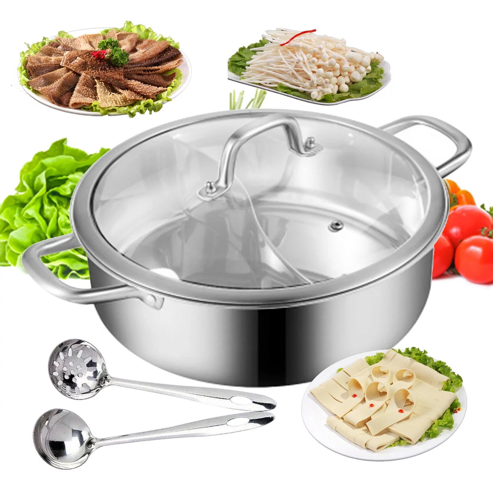 304 Stainless Steel Shabu Shabu Dual Sided Divider Cooking Soup Hot Pot W/ Lid