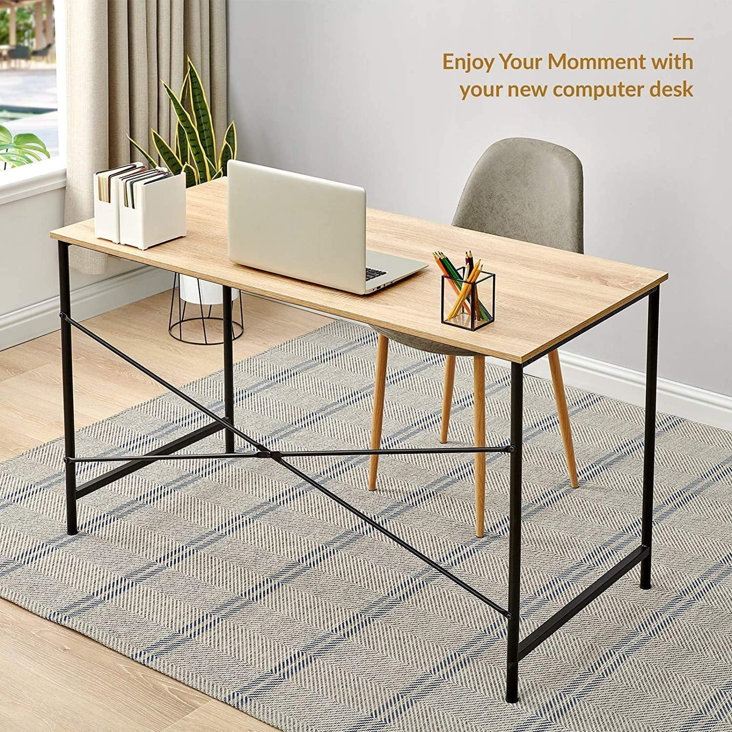 FurnitureR 47 inch Computer Desk, Modern Home Office Desk Laptop Study Table Writing Desk for Small Space, Bedroom, and Apartment, Metal Frame - Brown
