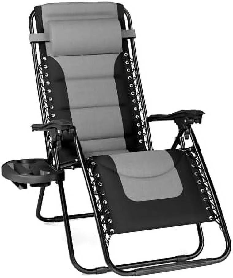 HOOMHIBIU Padded Zero Gravity Lounge Chair Folding Patio Recliner with Adjustable Headrest &amp; Cup Holder  Support 350 LBS(Grey)