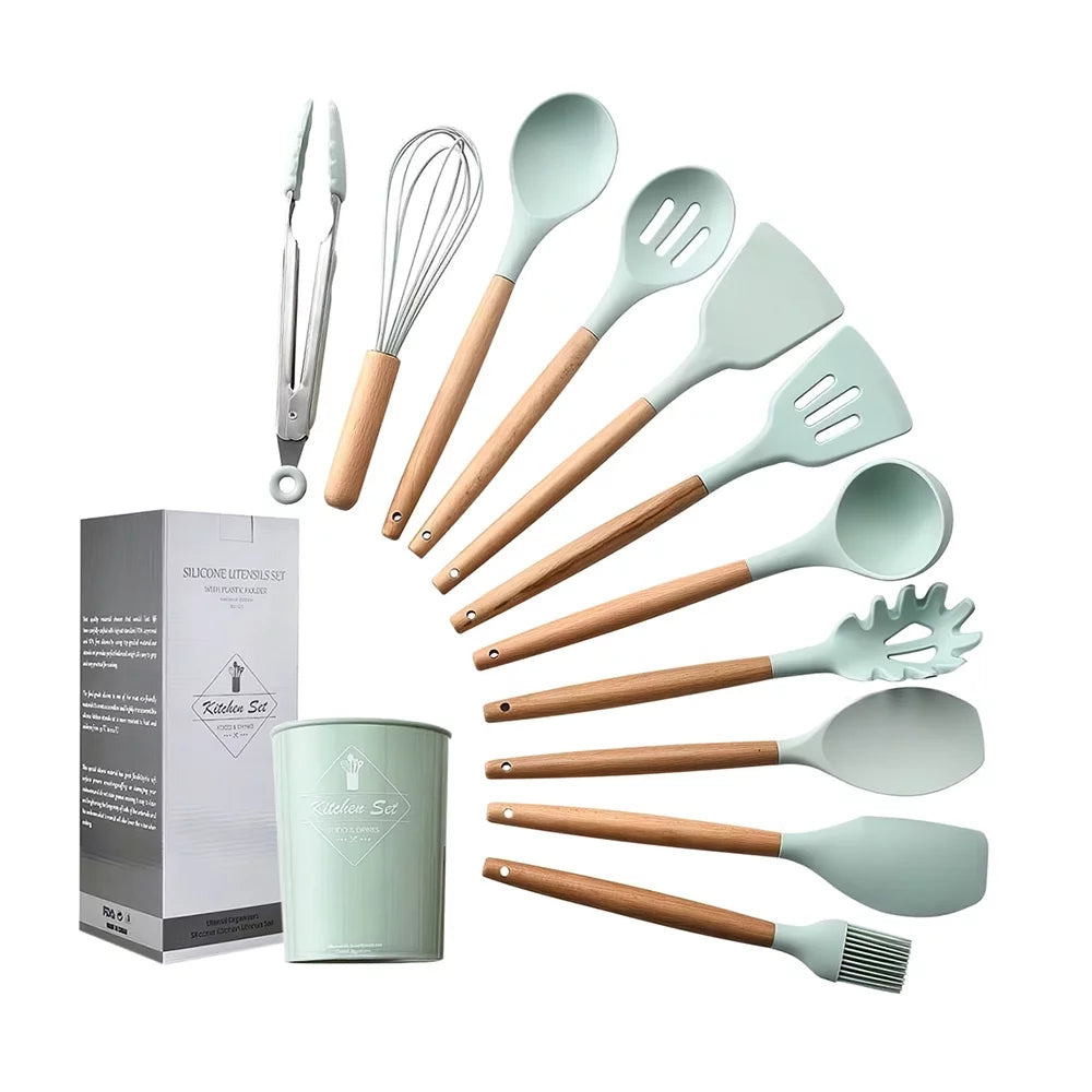 iKayaa Kitchen Utensils Set 8 Piece Silicone Cooking Utensils Set with Holder, Gray