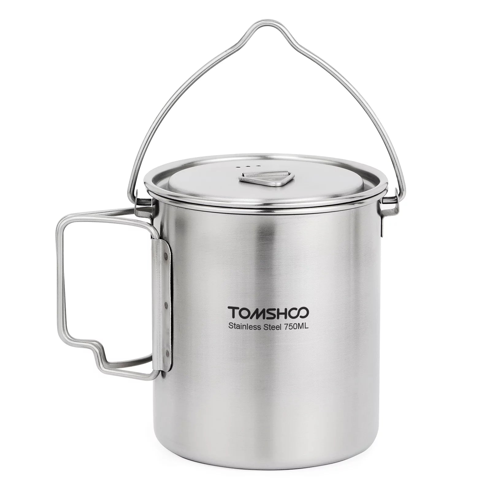 750ml Stainless Steel Pot Portable Mug Cup with Lid and Foldable Handle Camping Cooking Picnic