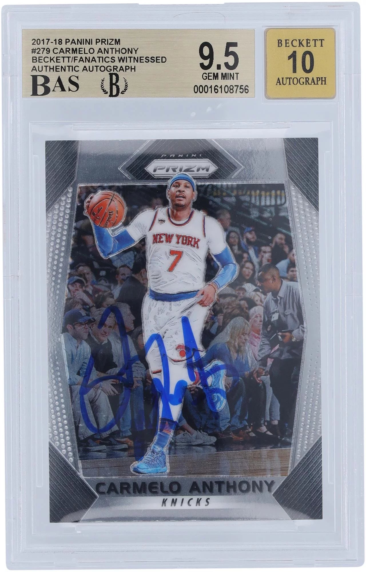 Carmelo Anthony New York Knicks Autographed 2017-18 Panini Prizm #279 Beckett Fanatics Witnessed Authenticated 9.5/10 Card - Fanatics Authentic Certified