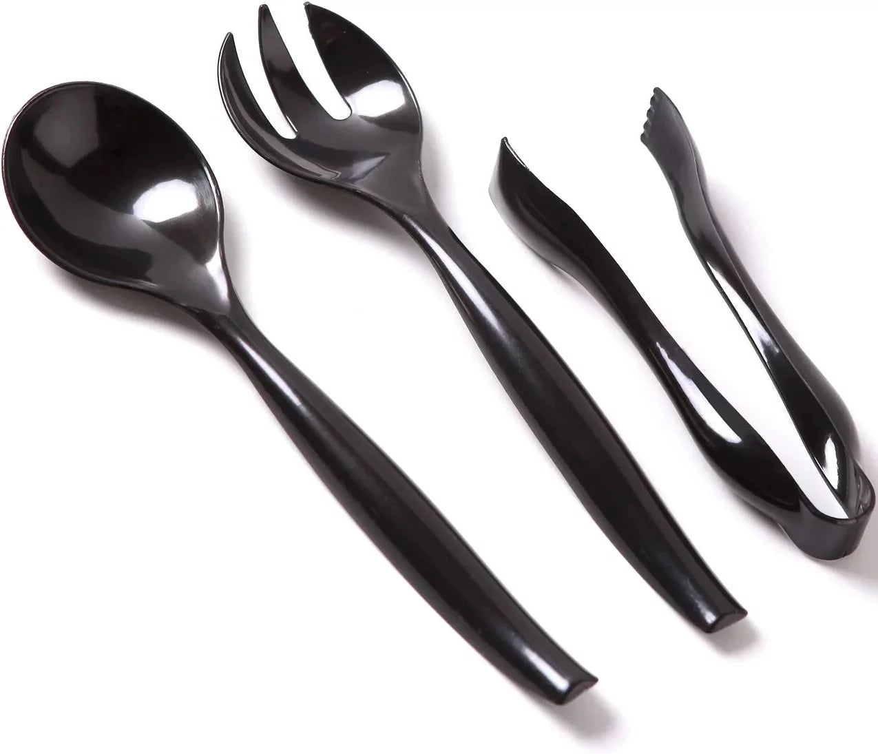 VeZee's Plastic Serving Utensils, Black Heavy Duty Disposable utensil | Pcs 10 Spoons 10 Forks 6 Tongs | 6 Each in One Set| 36 Pcs