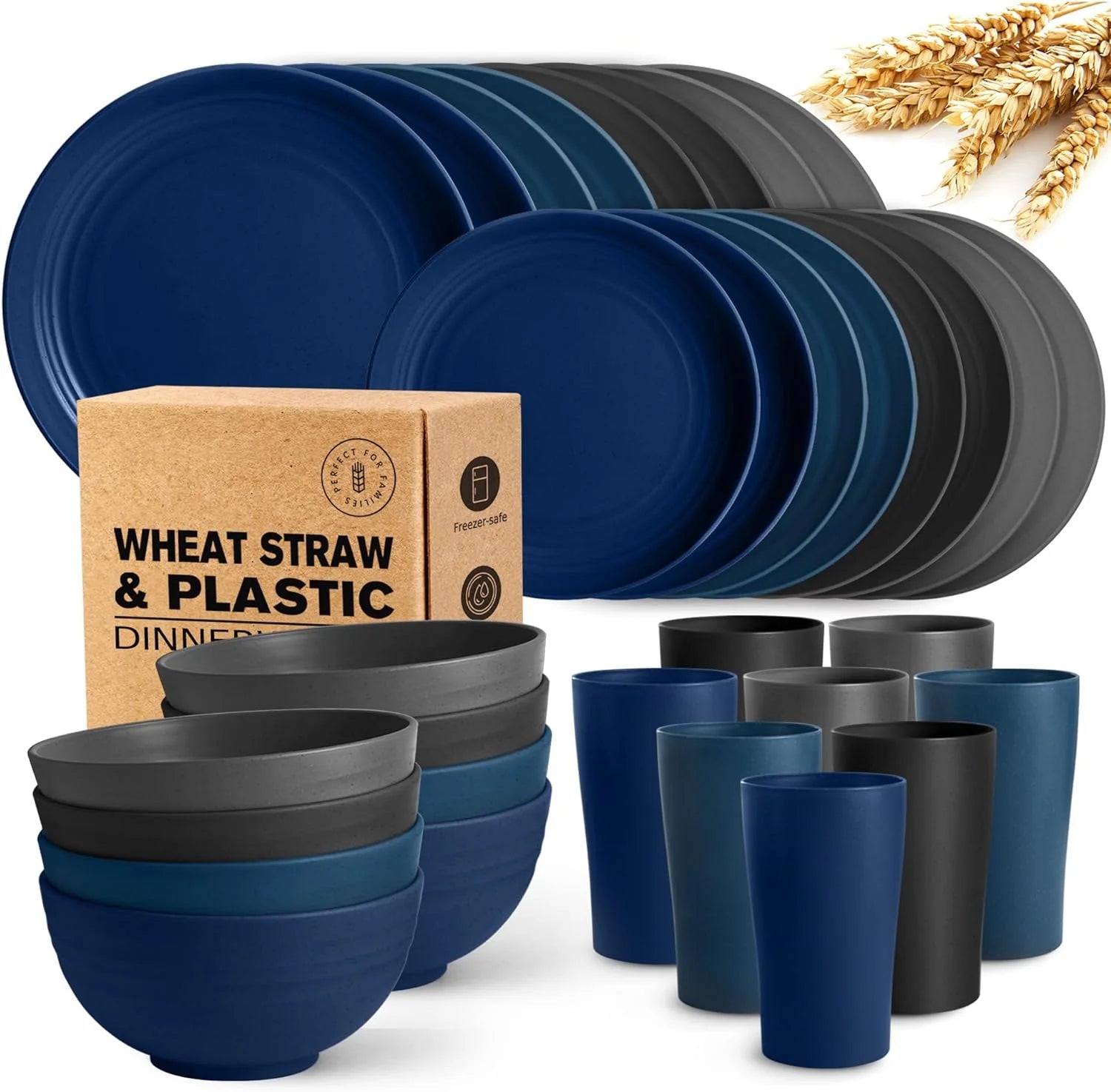 32-Piece Kitchen Plastic Wheat Straw Dinnerware Set, Service for 8, Dinner Plates, Dessert Plate, Cereal Bowls, Cups, Unbreakable Plastic Outdoor Camping Dishes, Midnight Ombre